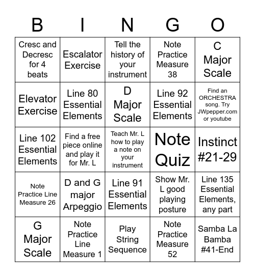 Beginning Orchestra Bingo Card