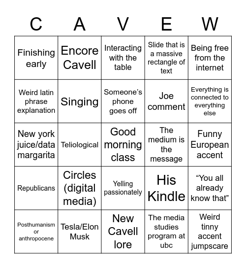 Cavell's Kitchen Bingo Card