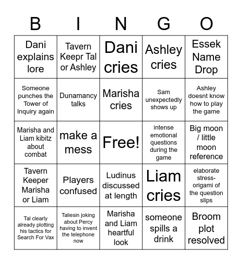 4 sided cries Bingo Card