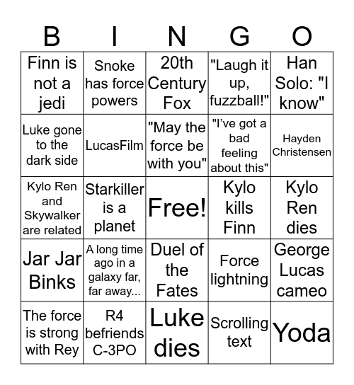 The Force Awakens Bingo Card