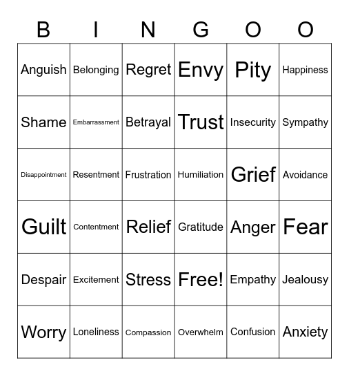 Emotions Bingo Card