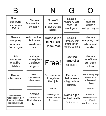Career Fair BINGO Card