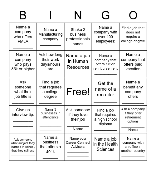 Career Fair Bingo Card