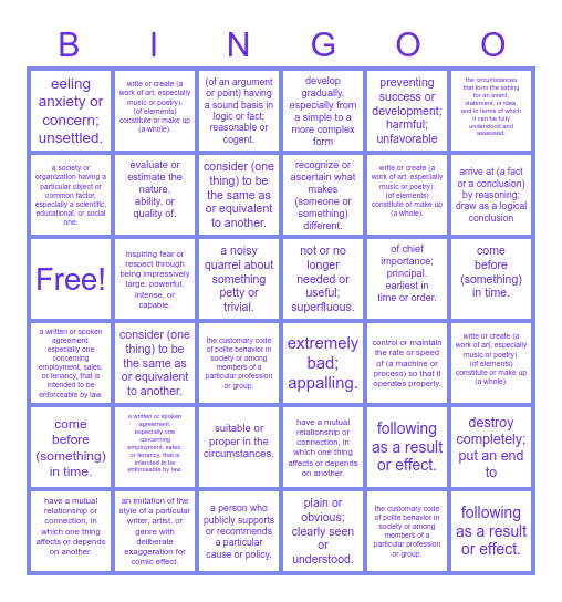 Voculary Bingo Card