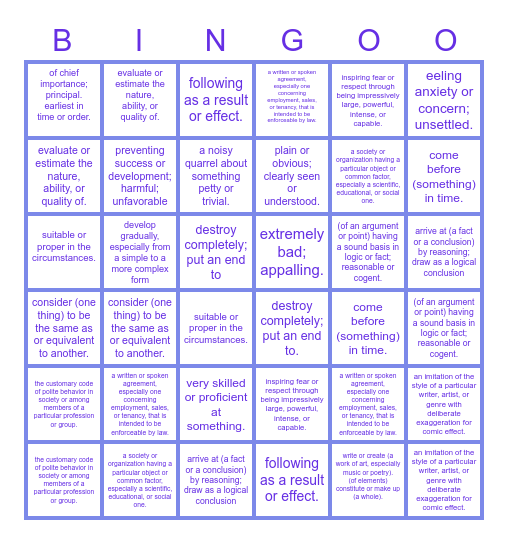 Voculary Bingo Card