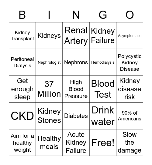 Kidney Awareness Month Bingo Card