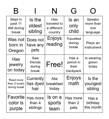 Class Bingo! Bingo Card