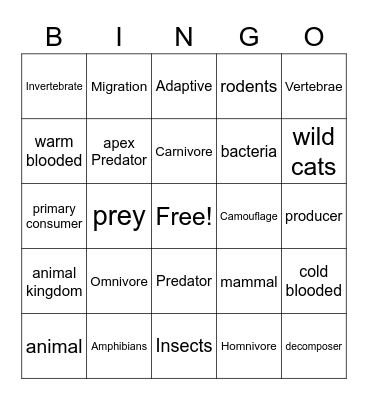 Animal Kingdom Bingo Card