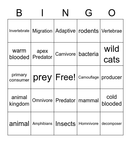 Animal Kingdom Bingo Card