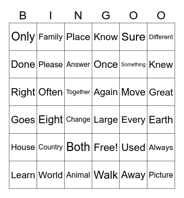 Trick Word Bingo Card