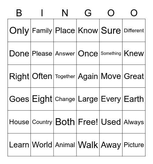 Trick Word Bingo Card