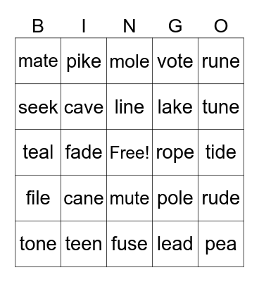 Long Vowel Sounds Bingo Card