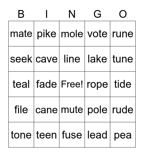 Long Vowel Sounds Bingo Card