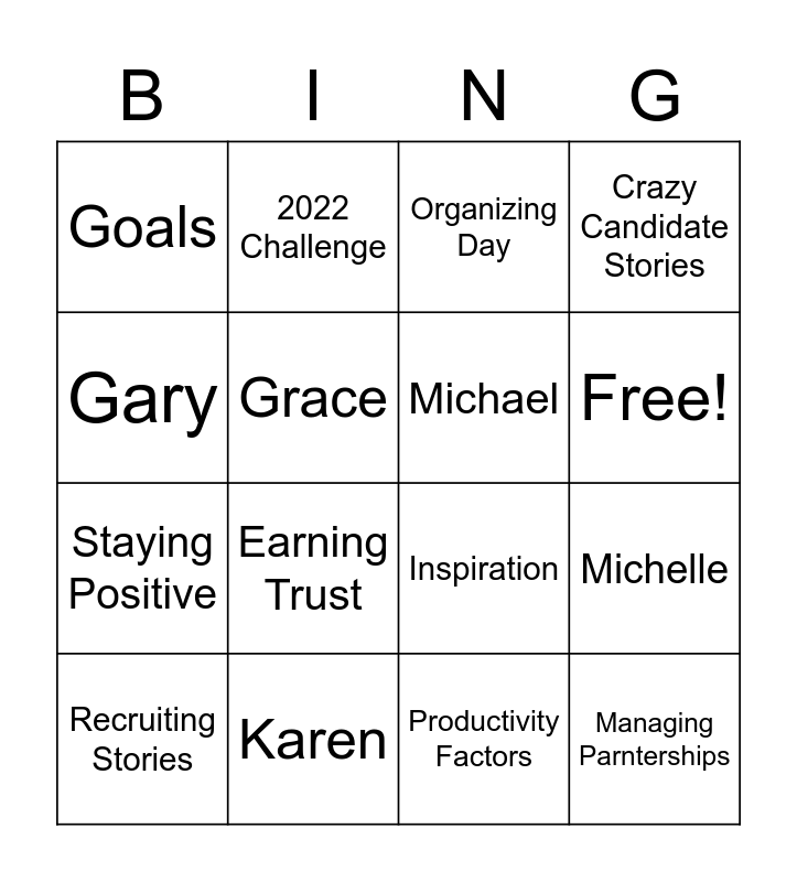 Top Producers Bingo Card