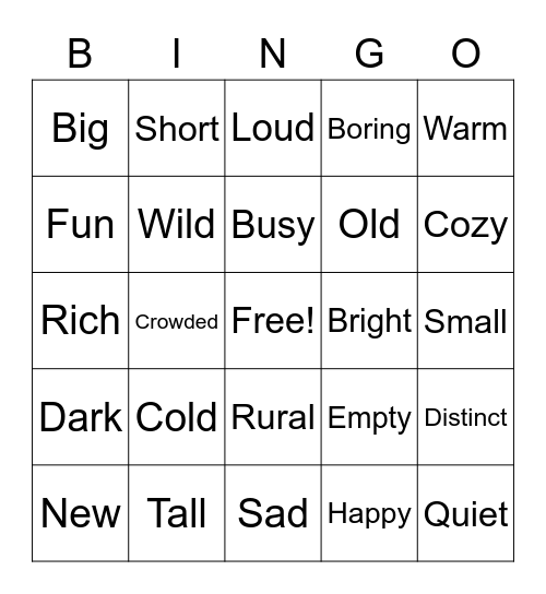 Adjective Bingo Card