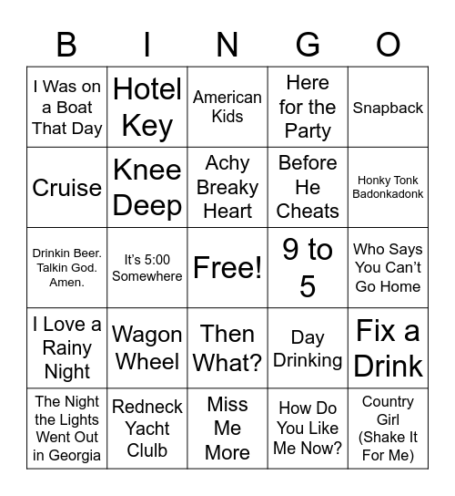 Country Music Bingo Card