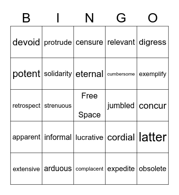 ACT Vocabulary Bingo Card