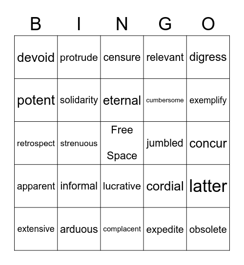 ACT Vocabulary Bingo Card