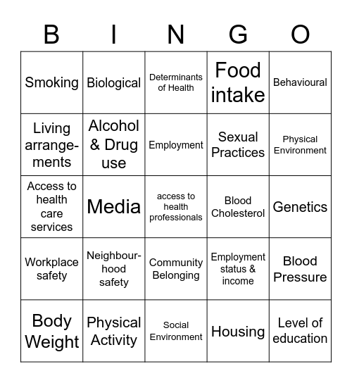 Determinants of Health Bingo Card
