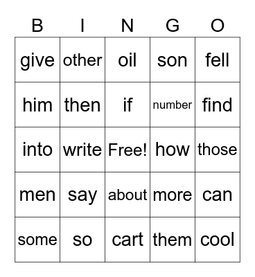 Sight Words Review # 3 Bingo Card