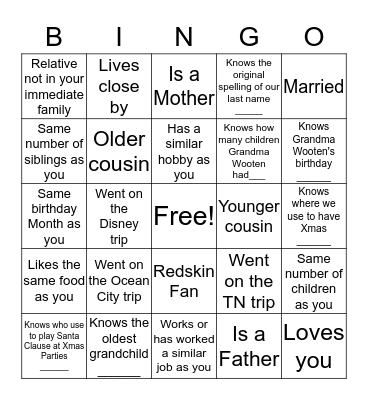 Wooten Family Bingo Card