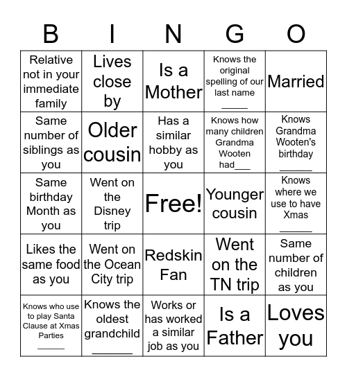 Wooten Family Bingo Card