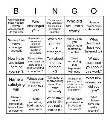 (Summer/Fall 2021) Community Reflection Bingo Card
