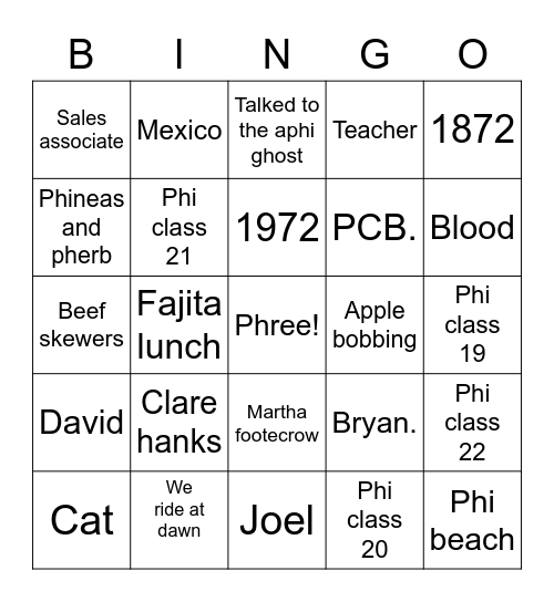 Alpha Phi Bingo Card