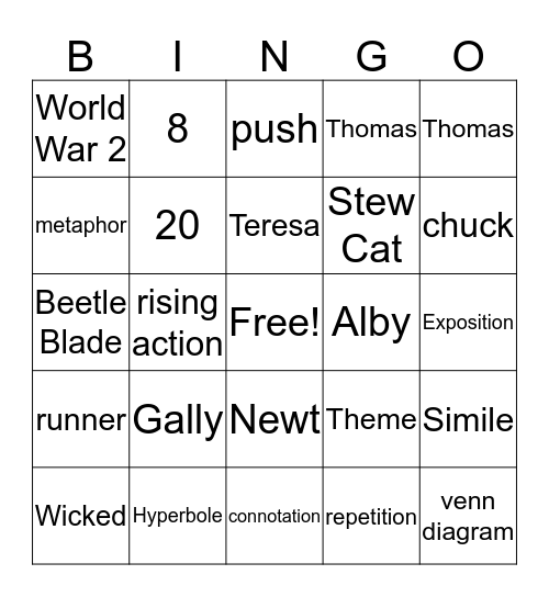 6th Grade Bingo Card