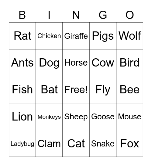Animal Idiom Bingo Card