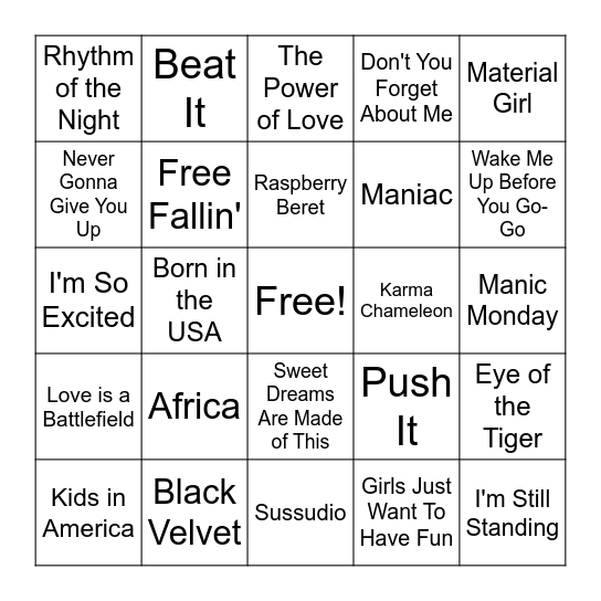 The 80s Bingo Card