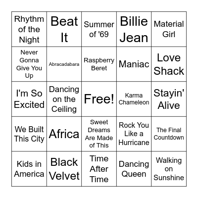 The 80s Bingo Card