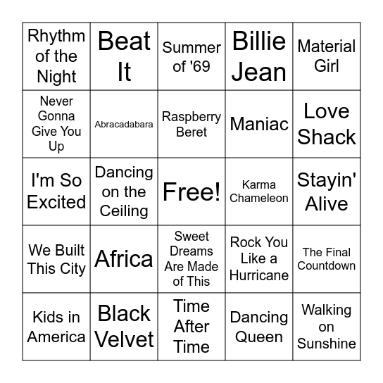 The 80s Bingo Card