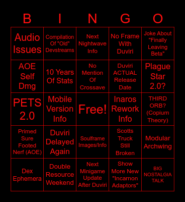 March Warframe Devstream #2 Bingo Card
