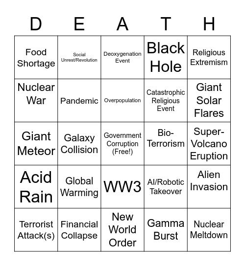 Road To Apocalypse Bingo Card