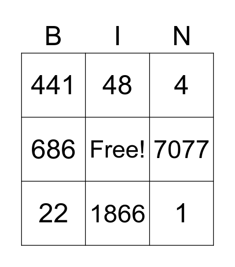 Subtraction Bingo Card