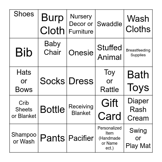 Gift Opening BINGO Card