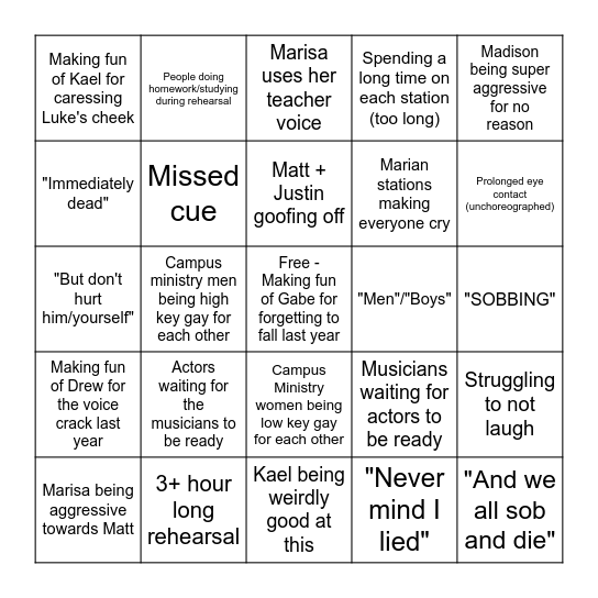 Living Stations Rehearsal 2023 Bingo Card