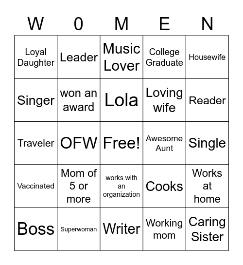 International Women's Month Bingo Card