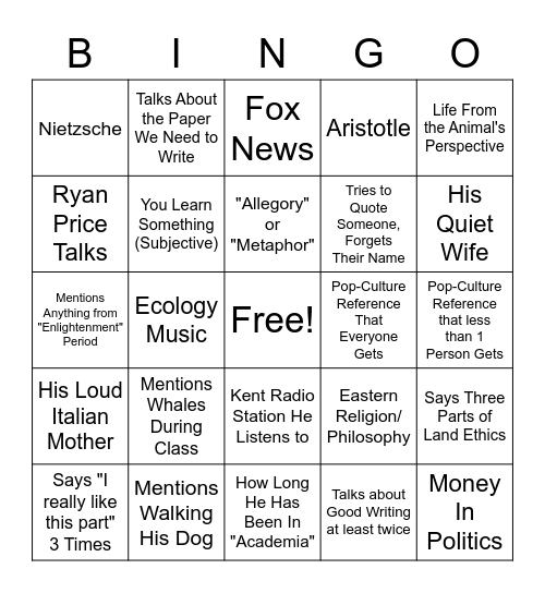 Enviro Philo Bingo Card