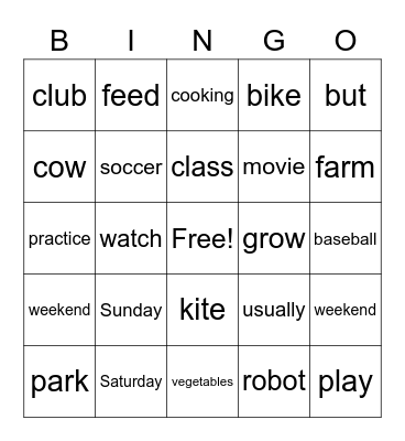 What do you do on the weekends? Bingo Card