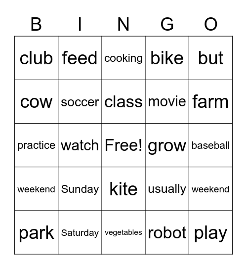 What do you do on the weekends? Bingo Card