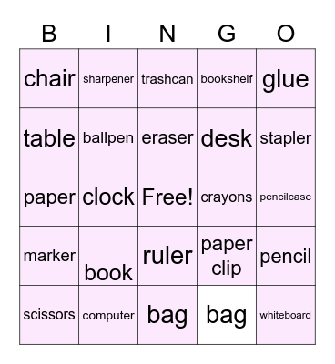 Classroom objects Bingo Card