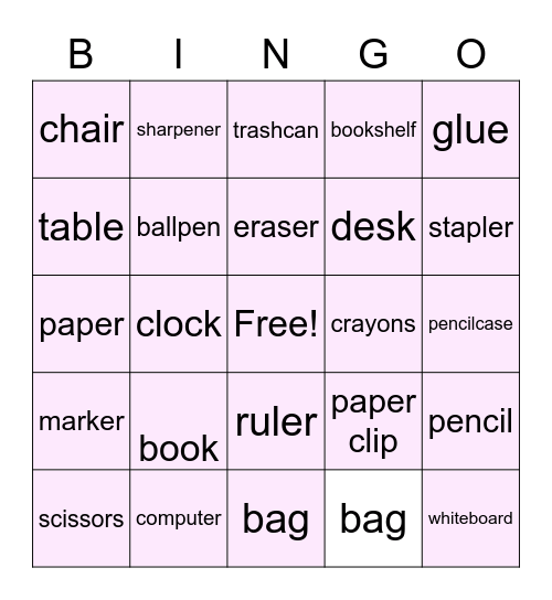 Classroom objects Bingo Card