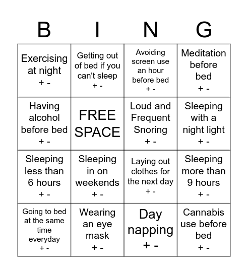 SLEEP HEALTH BINGO Card