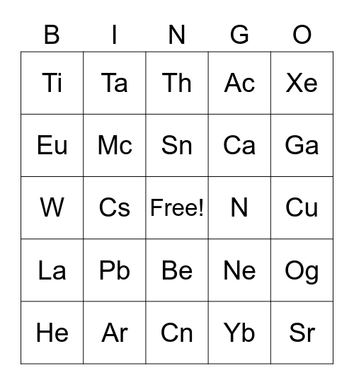 Periodic Table Bingo Card