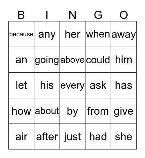 VOCABULARY  BINGO Card