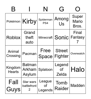 Video Games played Bingo Card