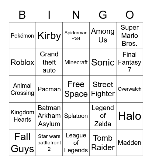 Video Games played Bingo Card