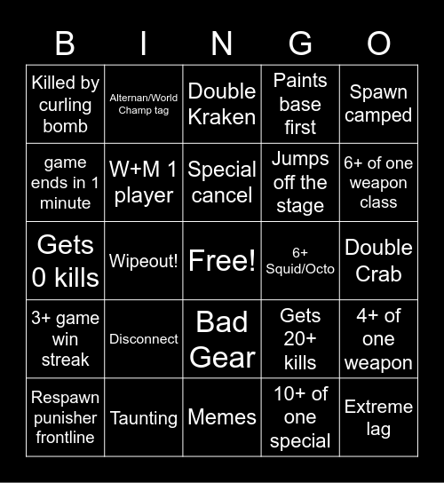 Splatoon 3 Solo Queue Bingo Card